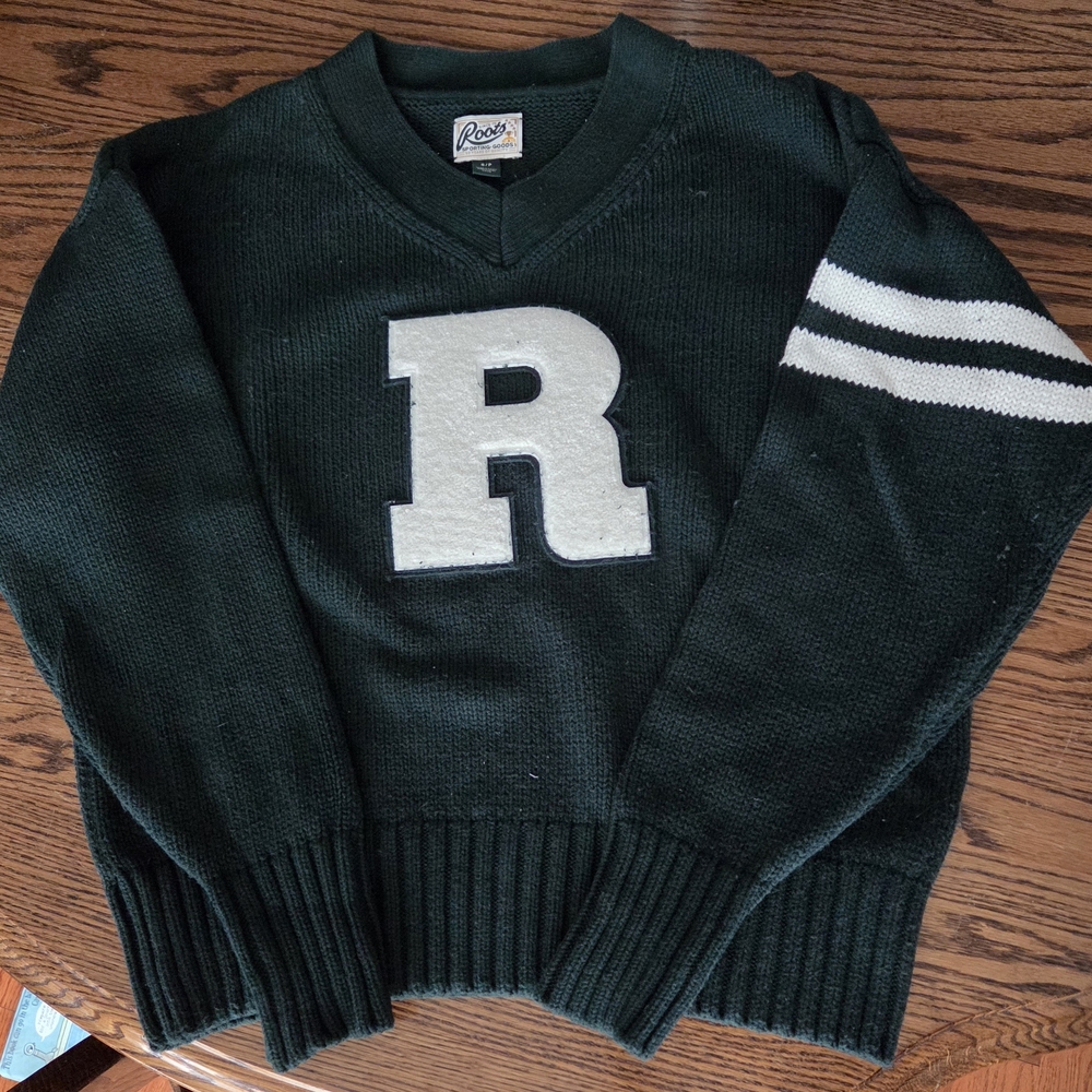 Roots Dark Green V-Neck Letterman Sweater with White 'R'